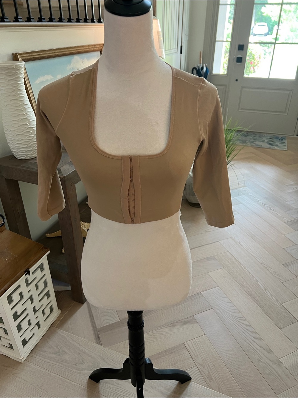 Cropped Scoop-Neck Top in Taupe with Front Hook Closure